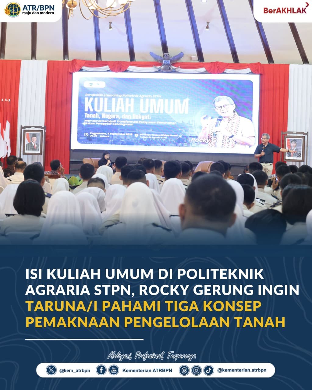 Rocky Gerung Ajak Taruna Politeknik Agraria STPN Melihat Tanah Lebih dari Sekadar Hak Milik